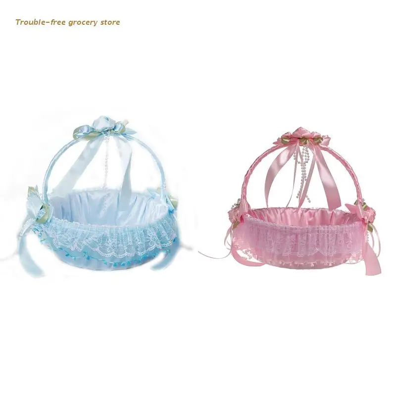 

Elegant Satin Wedding Flower Girl Basket Lace Bowknot Basket Decorative Colorful Make Your Wedding Party Romantic Rustic
