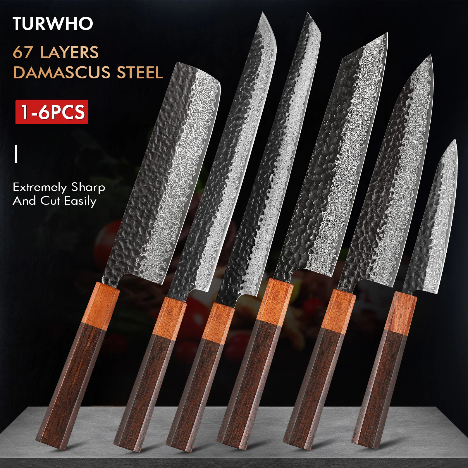 

TURWHO 1-6PCS Kitchen Knives Set Japanese 67 Layers Damascus Steel Hand Forged Kiritsuke Nakiri Chef Knife Utility Accessories