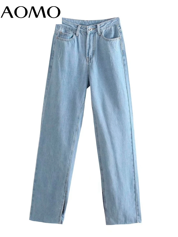 AOMO Women Blue Long Jeans Pants Trousers High Waist Pockets Buttons 2022 Fashion Female Denim Pants 4M80-3A