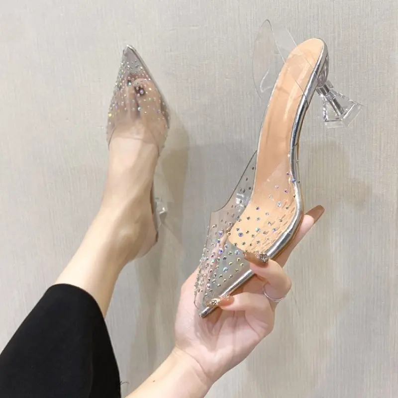 Женские туфли на высоком каблуке летние блестящие прозрачные тонком пластиковом