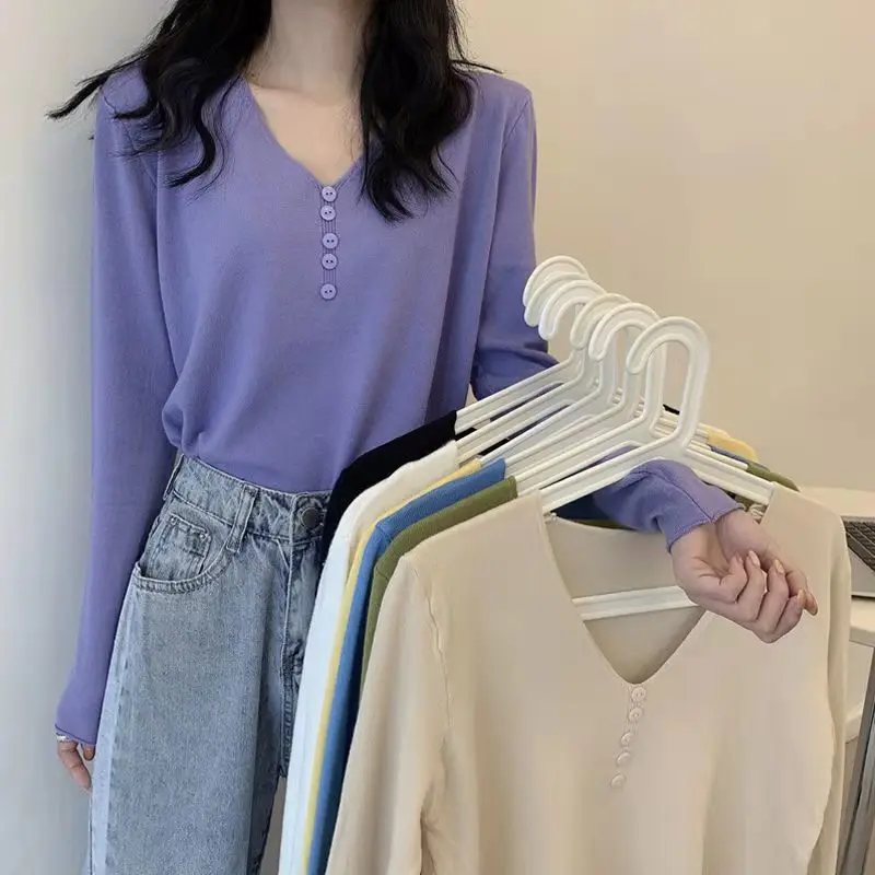 

Women Bottoming Sweaters Casual Simple V-neck Solid Color Loose Sweater Female Autumn Basic Long Sleeve Pullover Tops