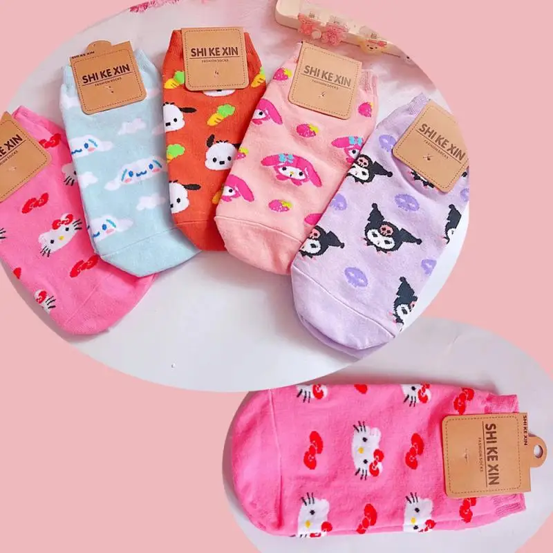 

Sanrioed Hellokittys Short Socks Kuromi Cartoon Anime Boat Socks Mymelody Cinnamoroll Kawaii Sports Thin Cotton Christmas Gifts