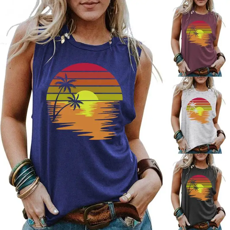 Summer new women's casual sunset coconut tree European and American style retro round neck fashion large vest