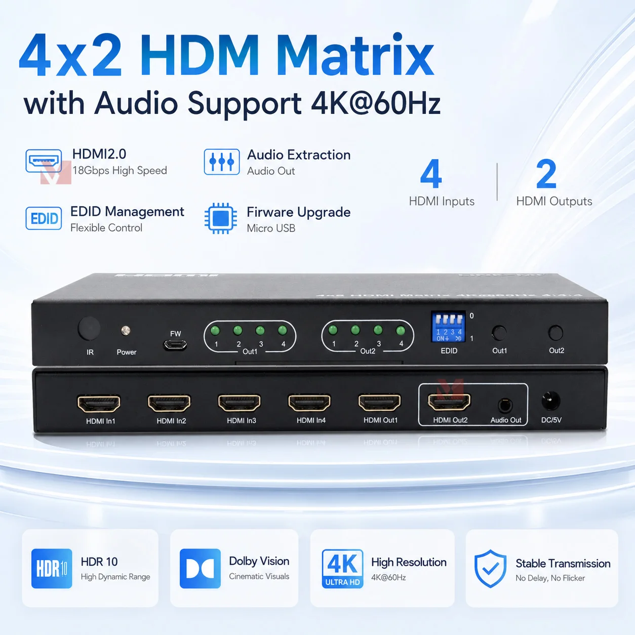Фото Матричный HDMI-коммутатор LINK-MI 4K 60Гц 4x2 с аудио, EDID-сплиттером и ИК-портом для ПК, PS3, усилителя №1