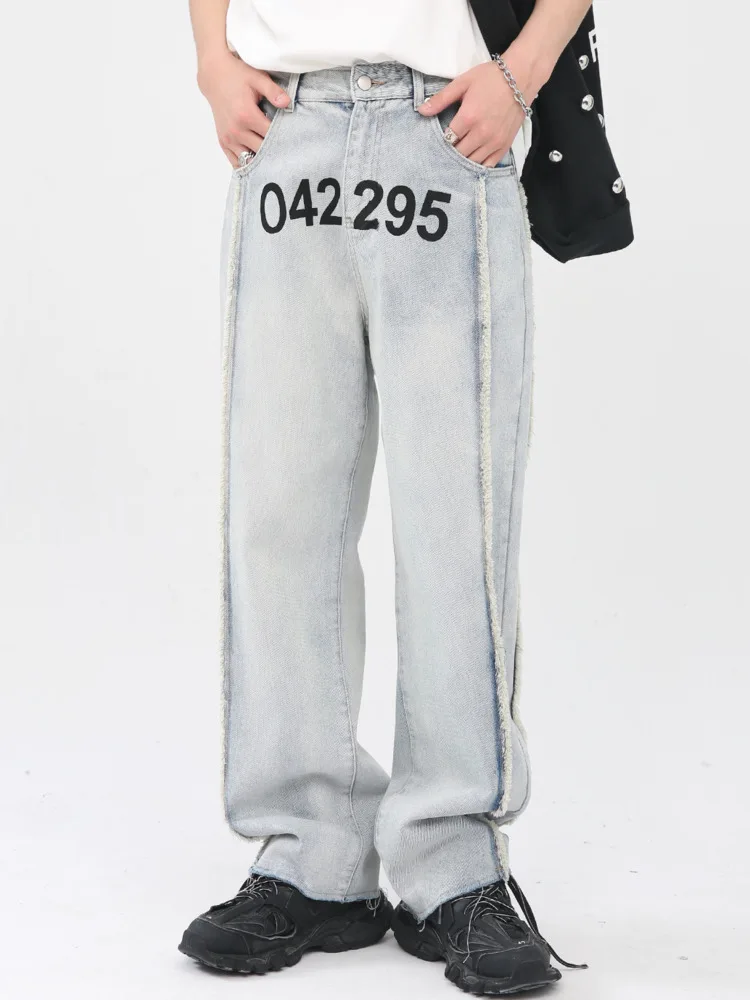 

SYUHGFA Men Clothing 2022 Summer Printed Burrs Design Korean Streetwear Fashion Straight Jeans Casual Loose Denim Trousers