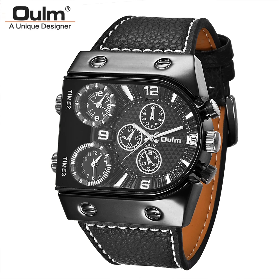 

Oulm 9315 Casual Wristwatch Men Luxury Brand Three Time Zone Quartz Watch Leather Strap Sport Men's Watches Male Clock