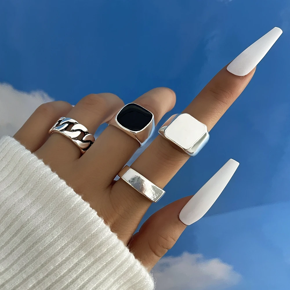 

Aprilwell 4 Pcs Gothic Silver Color Rings Set For Women Men Aesthetic Glossy Costume Punk Anillos Jewelry Chunky Vintage Gadgets