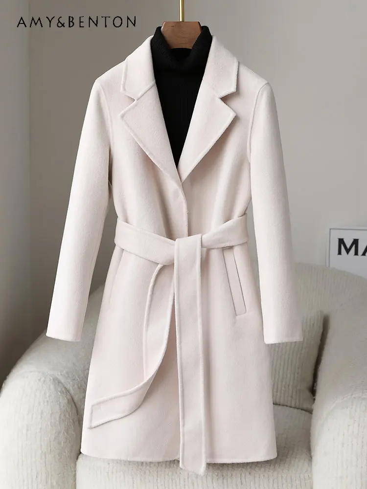 

Элегантное двустороннее кашемировое пальто с длинным рукавом, женское приталенное шерстяное пальто средней длины для осени и зимы