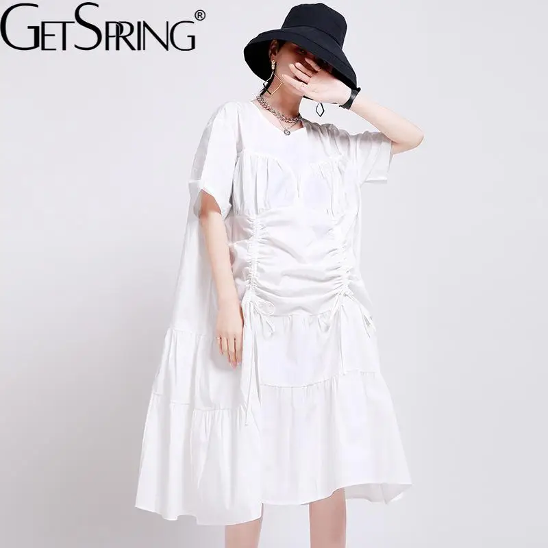 

Getspring Women Dress 2022 Fashion Drawstring Wrinkle Short Sleeve Loose Casual Large Hem Long A-Line Dresses Spring Summer
