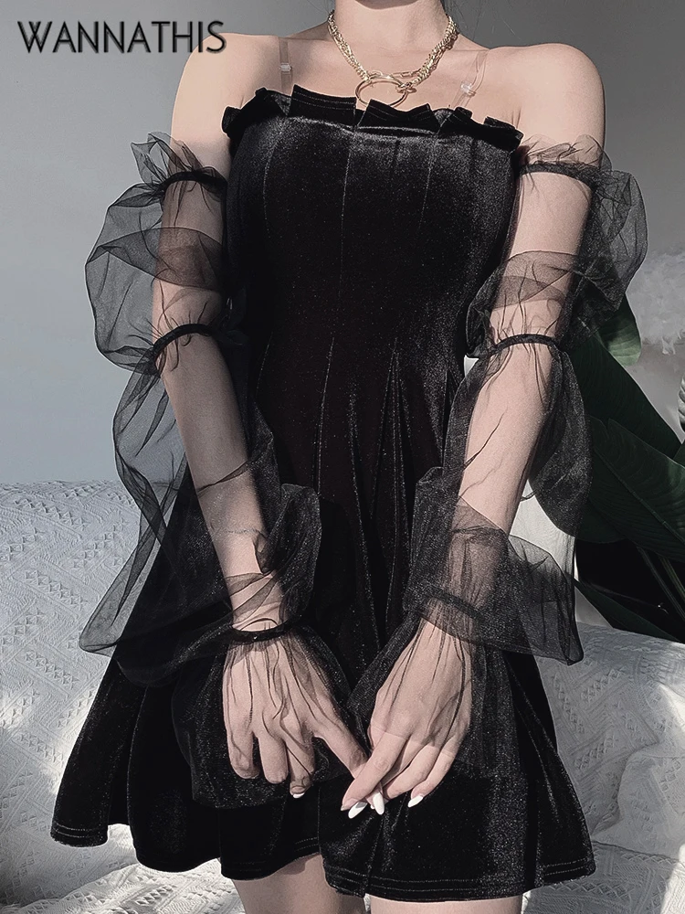 

WannaThis Mesh Velvet Patchwork Chic Off Shoulder Strapless A-Line Dress Backless Sexy Party Pleated Slim Elastic Festival Dress