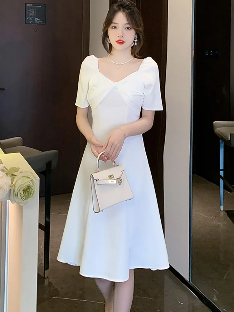 

2023 White Luxury Elegant Bridesmaid Long Dress Summer Black Chic Square Collar Casual Dress Women Korean Fashion Party Vestidos