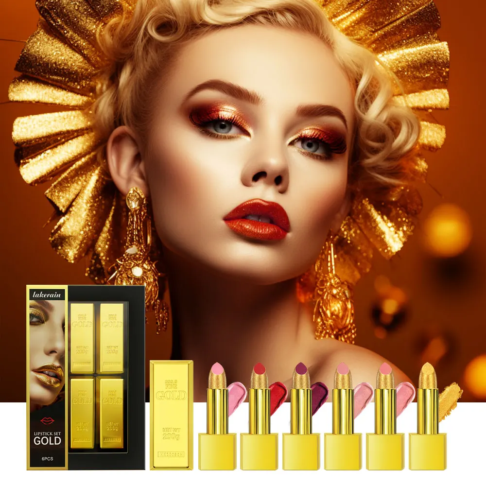 

6Pcs Matte Lipstick Set Waterproof Long-Lasting Shimmer Lipstick Gold Brick Tube Design Cosmetics Beauty Gifts