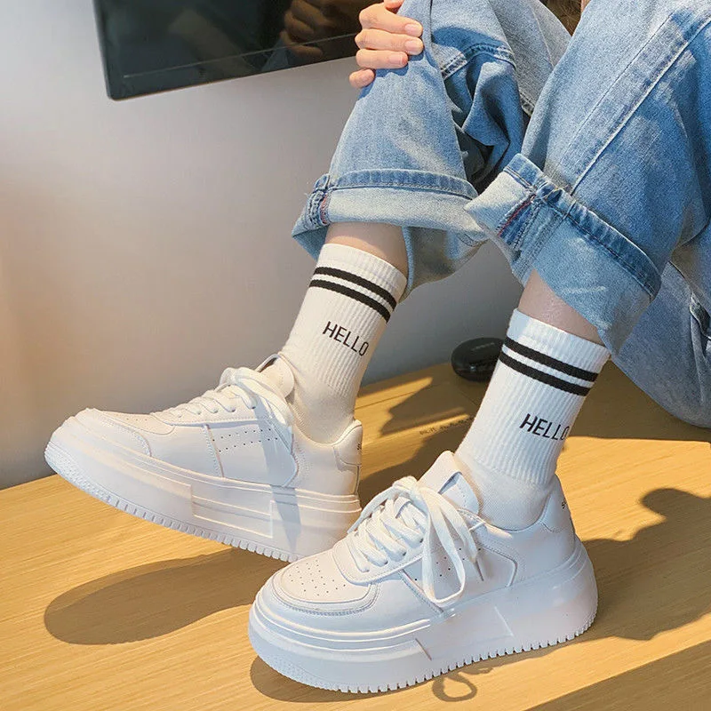 

White/Black Women Sneakers Fashion Breathble Vulcanized Shoes Pu Leather Platform Shoes White Lace Up Casual Shoes Zapatos Mujer