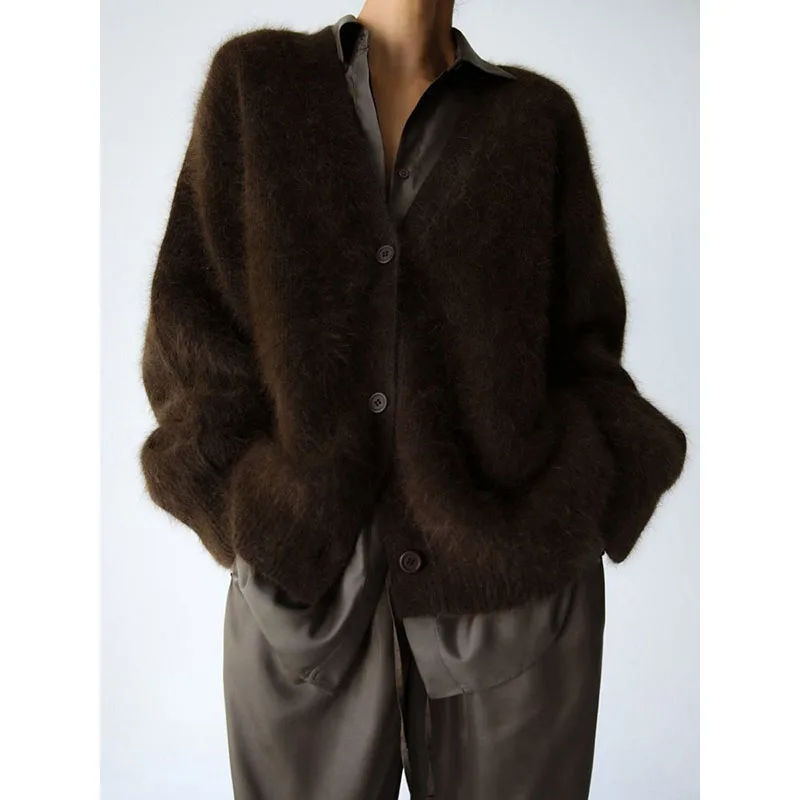 Женский шерстяной вязаный кардиган с длинным рукавом и V-образным вырезом