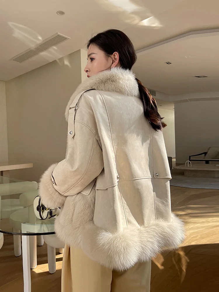 New Women Real Fur Coat Autumn Winter Casual Thick Warm Double-faced Fox Fur Patchwork Sheepskin Fur Jacket Loose Outerwear