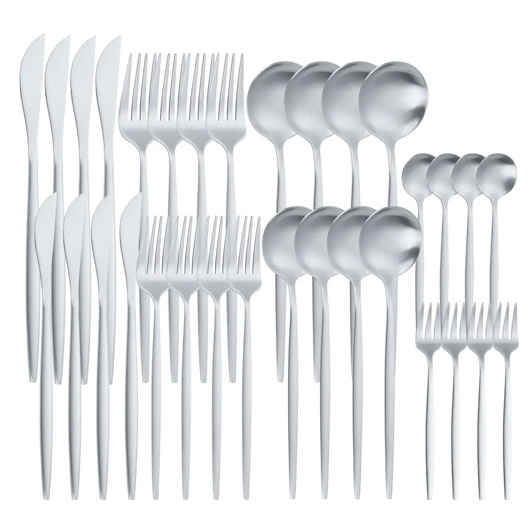 

Silver Cutlery Set 32pcs Stainless Steel Forks Knives Dessert Spoons Dinnerware Matte Tableware Set Kitchen Flatware Silverware