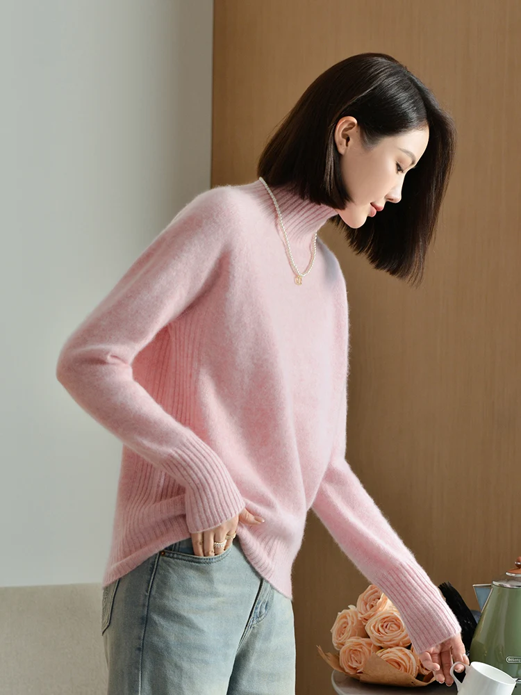 New Half-high Collar 00% Pure Cashmere Sweater Women Autumn and Winter Pullover Loose Short Knitted Thickened Bottom...