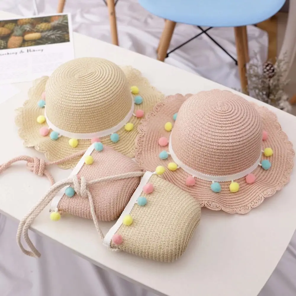 

Large Portable Colorful Pompom Ball Sun Protection Floppy Beach Hat Straw Woven Handbag Bucket Cap
