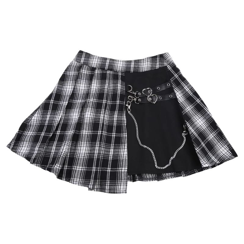 

Women Harajuku Goth Punk Plaid Print Pleated Mini A-Line Skirt with Heart Buckle Belt Metal Chain Irregular Stitching High