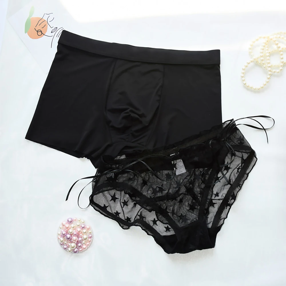 

Couple Panties Sexy Lace Cotton Lingerie Female ropa mujer P591 Men Boxer Shorts Ice Silk Women Underwear Set Seamless Underpant