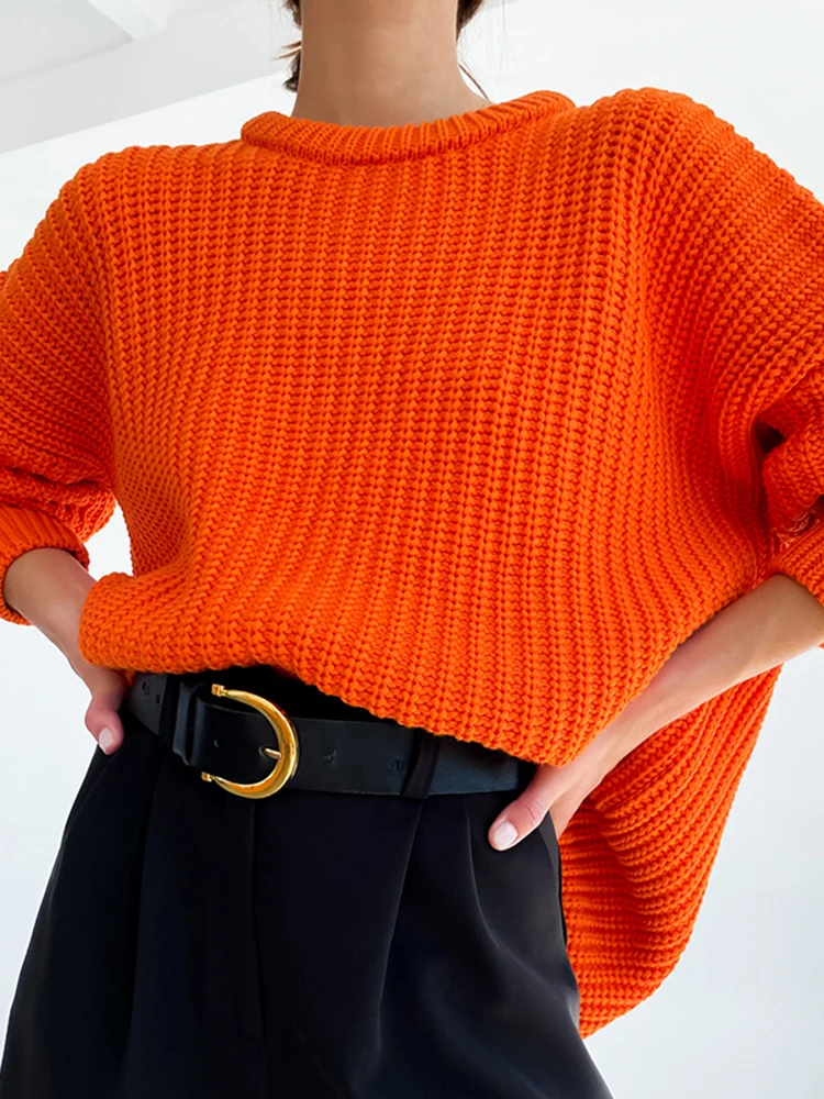 

Simplee Oversized long sleeve female orange sweater autumn Casual o-neck winter pullover women Office purple ladies basic jumper