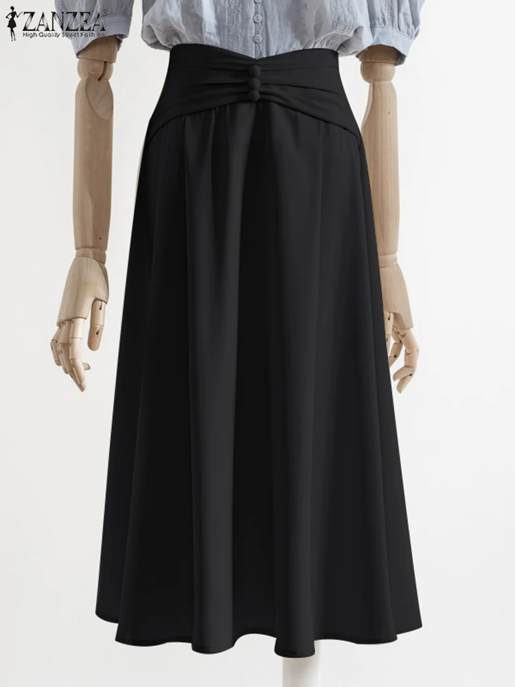 

Юбка ZANZEA на пуговицах Женская Плиссированная, праздничная длинная трапециевидная элегантная однотонная модная юбка оверсайз с завышенной талией