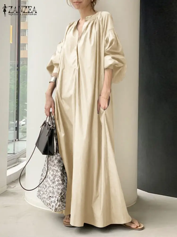 

ZANZEA 2022 Fashion Spring V Neck Long Sleeve Solid Loose Dress Women Sundress Elegant Kaftan Maxi Vestidos Oversize Robe Femme