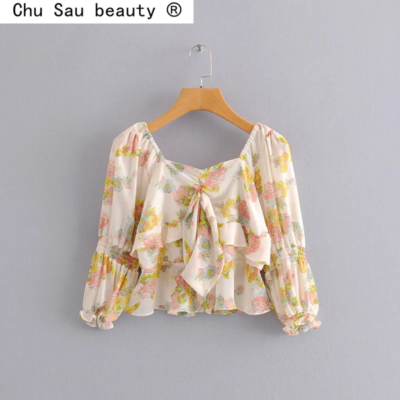 

Spring Autumn 2022 New Hedging V-Neck Knot Sexy Backless Elastic Pleated Print Ruffled Puff Long-Sleeved Blouse Crop Top Women