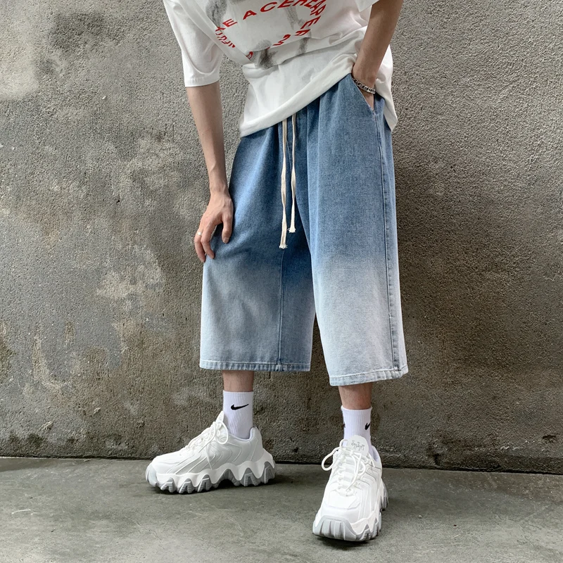 2022 Summer New Gradient Short Jeans for Men Korean Fashion Streetwear Baggy Straight Wide Leg Denim Shorts Male