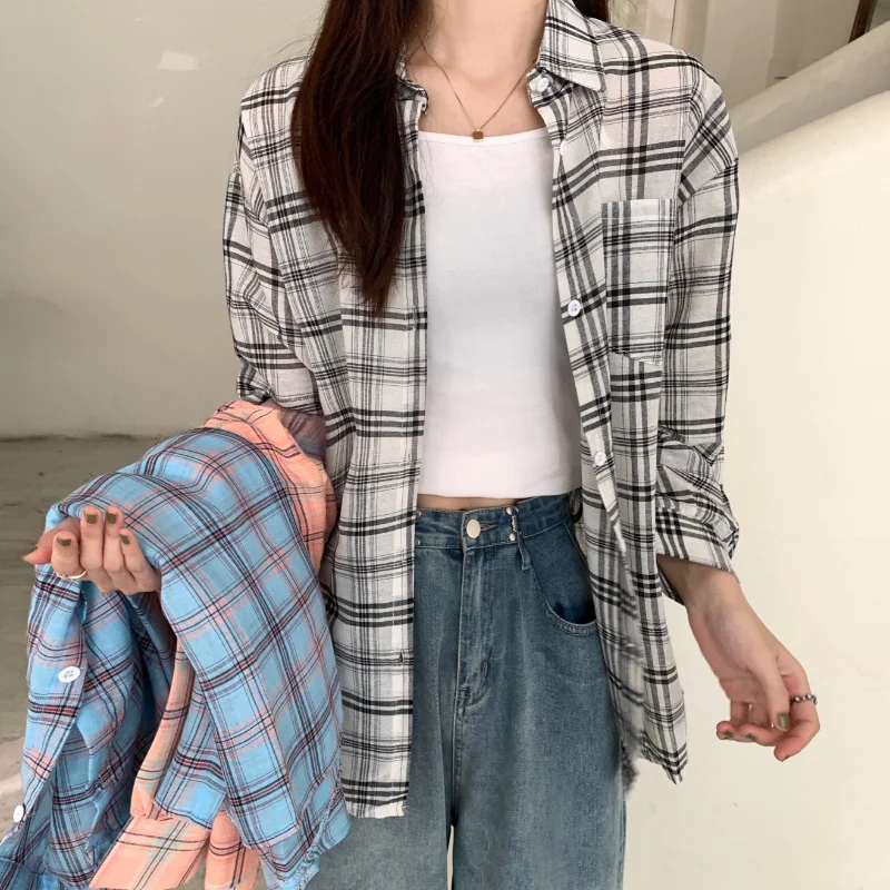 

Retro Plaid Shirts Women Fall Korean Fashion Long Sleeve Blouse Mujer Casual Baggies Pocket Tops Outwear Student