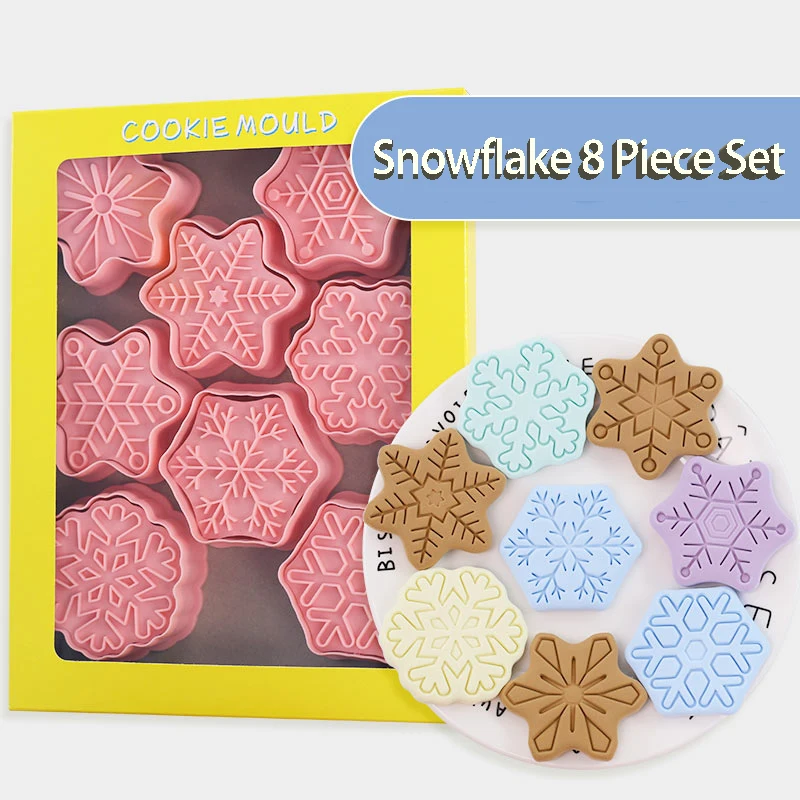 

8pcs/set Snowflake Shape Cookie Cutters 3D Plastic Biscuit Mold Cookie Stamp Fondant Cake Mould Kitchen Baking Pastry Bakeware