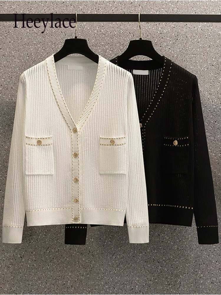 

Fall Winter French Vintage Knitted Cardigan Office Lady Elegant V-Neck Long Sleeve Fragrance High Quality Knitting Overcoat