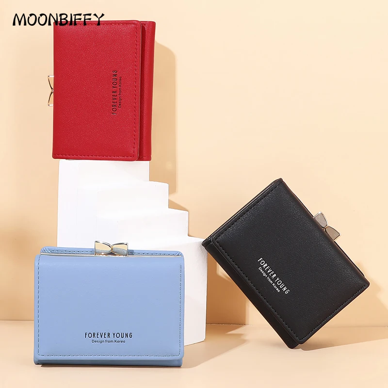 

Bow Hasp Decoration Small Wallets Women's PU Leather Card Holder Purses Ladies Popular New Design Trifold Female Purses Cartera