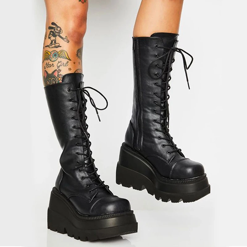 

Women Knee High Boots Lace-Up Autumn Zip Rock Gothic Lace Up Thick-Soled Block High Heels Knight Riding Female Shoes Botas