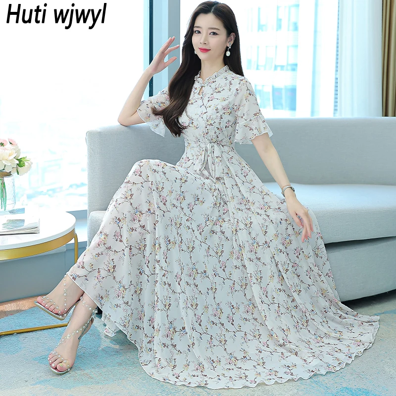 

Summer White Floral Chiffon Short Sleeve Ruffled Collar Maxi Dress 2022 Women Casual Boho Beach Elegant Bodycon Party Maxi Dress