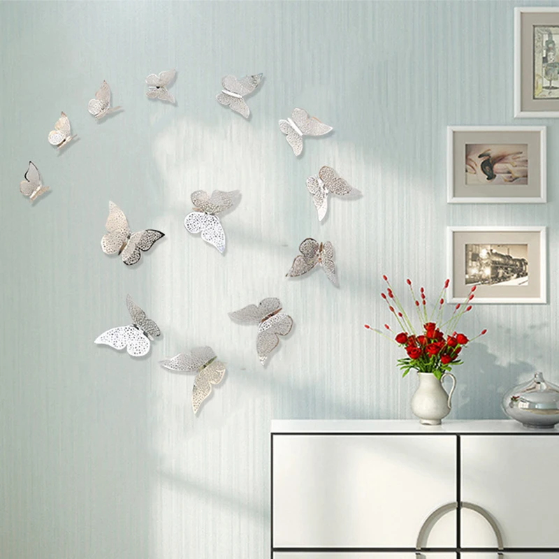 

12PCS/Set 3D Butterflies Wall Sticker Mirror And Hollow Multicolor Butterfly Living Room Kids Baby Rooms Decor For Home Decor