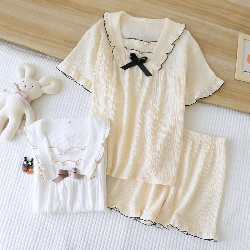 

Summer Princess Pajamas Women Thin Short Sleeve Shorts Washing Cotton Gauze Double Crepe Palace Home Suit 2 Piece Set Sleepwear