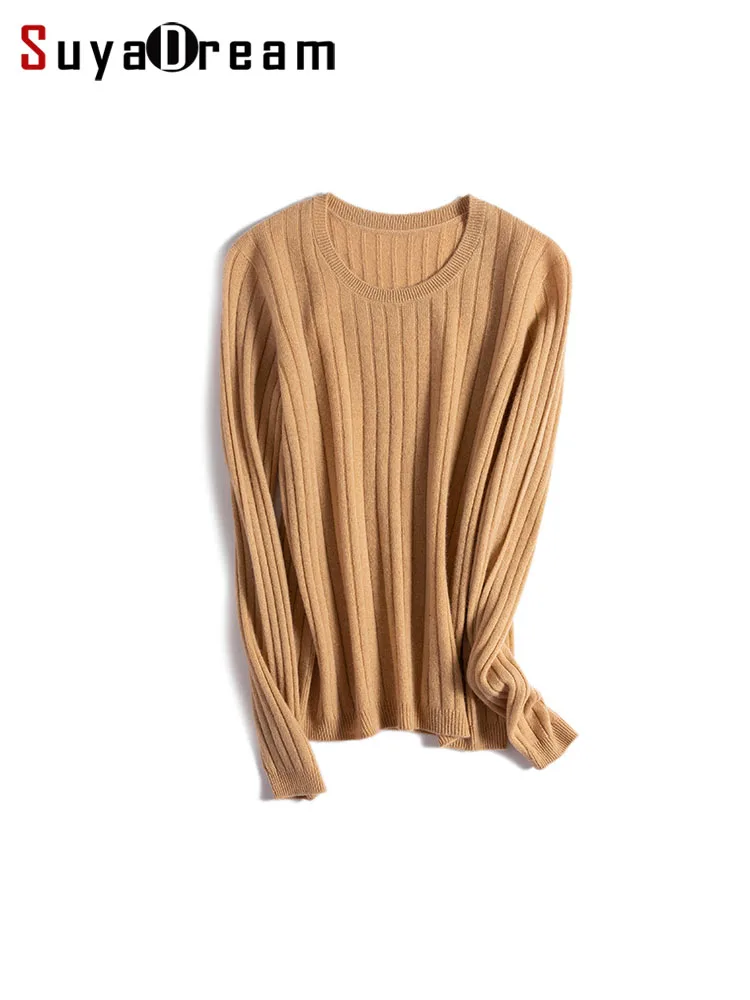 

SuyaDream, 100% кашемировый пуловер из козьего пуха, вырез лодочкой, шикарные ребрышки, свитера для женщин, 2022, Осень-зима, теплый базовый топ, верблюжий, фиолетовый