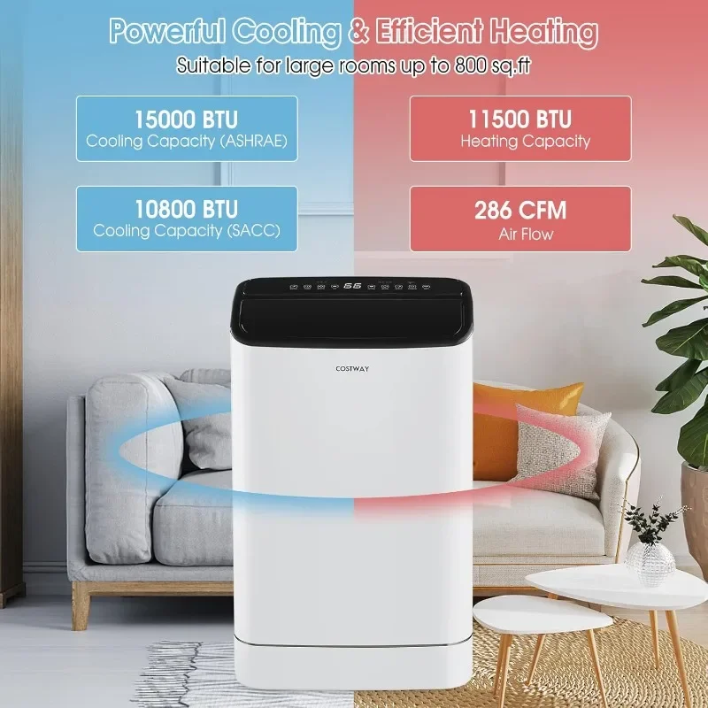 Портативный кондиционер COSTWAY 15000 BTU с подогревом блок переменного тока 4-в-1