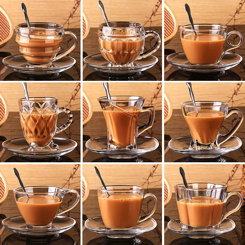 

Classical home office coffee glass cup with spoon and saucer 200ML lead-free glass coffee mug