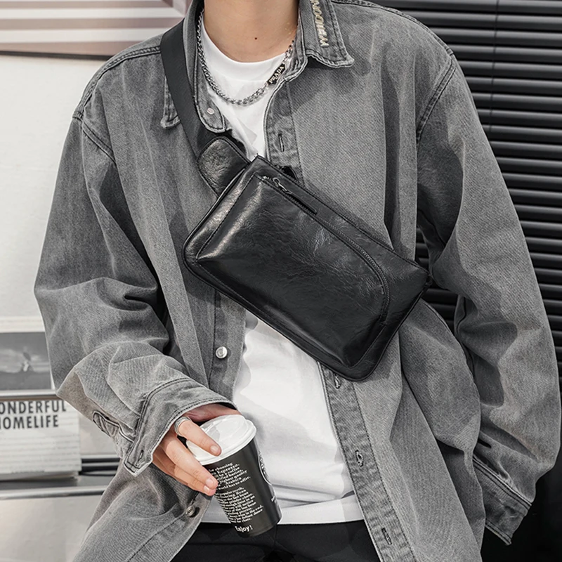 Male Mini Phone Backpack Leather Motorcyclists Chest Purse Waterproof Sports Cycling Fanny Pack Small Crossbody Bag for Men