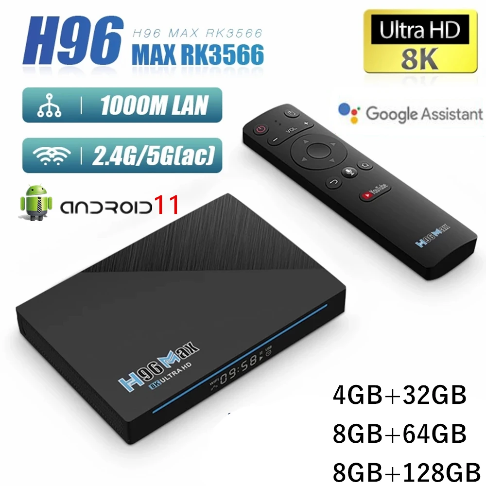 

H96 Max RK3566 Smart TV BOX Android 11 2.4G 5G Wifi BT4.0 4GB 32GB 8GB 64GB/128GB 8K TV Box Voice Remote Google Play Set Top Box
