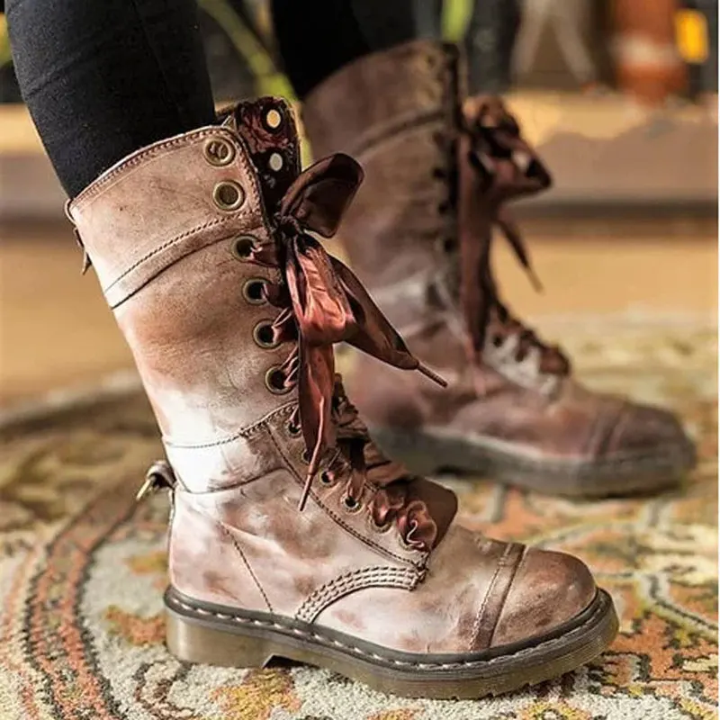 

Autumn Women Mid-calf Biker Boots Pu Leather Flower Lining Boot Tube Foldable Cross Lace Up Platform Flat Heel Round Toe Shoes