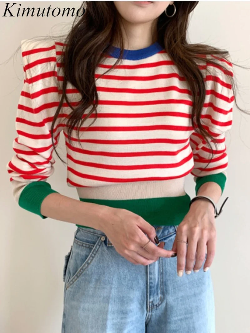 

Kimutomo винтажная полосатая цветная контрастная трикотажная рубашка для женщин Элегантный дизайн с круглым вырезом и плечевыми подушечками У...