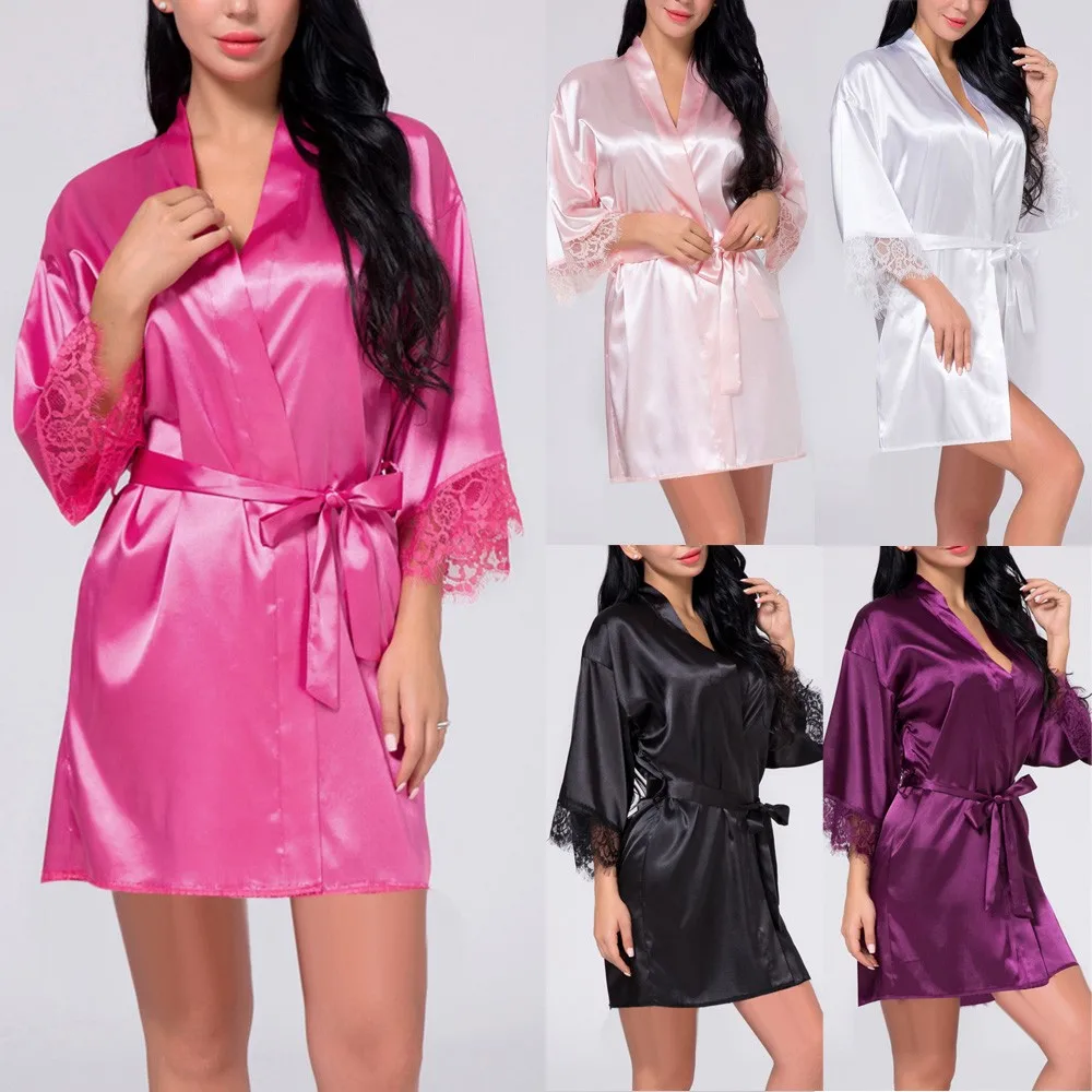 Women Sexy Lingerie Satin Robes Lace Nightdress Nightwear Sleepwear Kimono Lace Cuffs Skin-friendly Sleepdress Solid Color