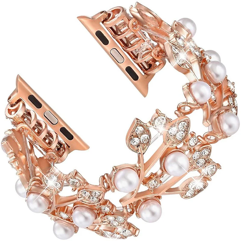 Metal strap For Apple Watch Band 7 44mm 40mm 42mm 38mm 41mm 45mm Women Pearl Watchband Bracelet Correa For iWatch Series 6 SE 5