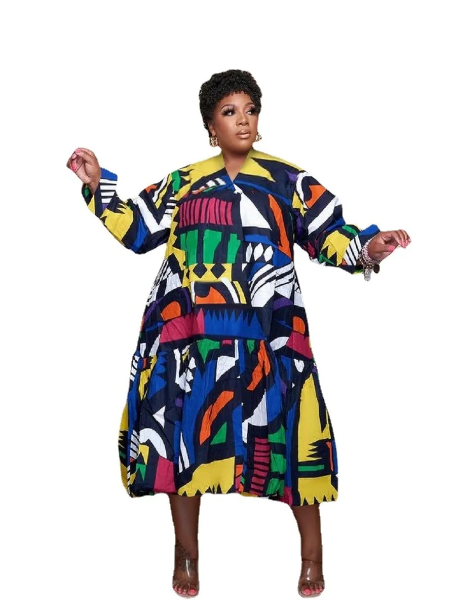 Plus Size Wome Dresses Fashion Long Sleeve Print Loose Casual Large Size Female Dress Personality Commute Ladies Elegant Dresses