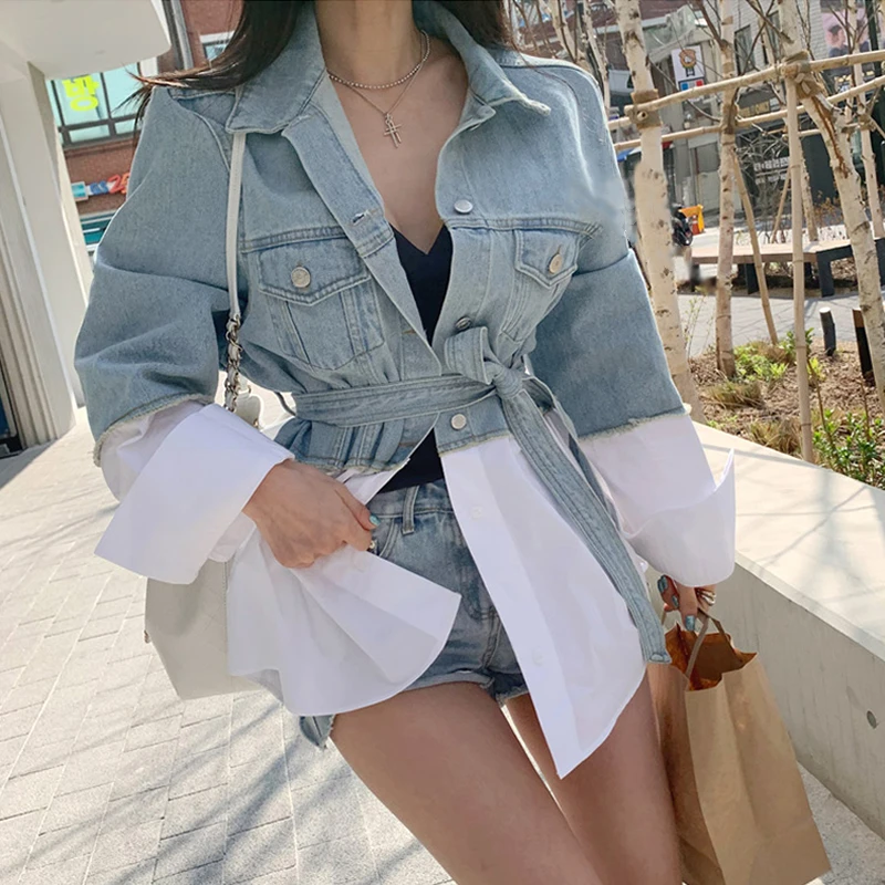 

New Autumn Korean Chic Splicing Women's Denim Jackets Patchwork Sashes Lace Up Outerwear High Street Fashion Jeans Winter Outfit