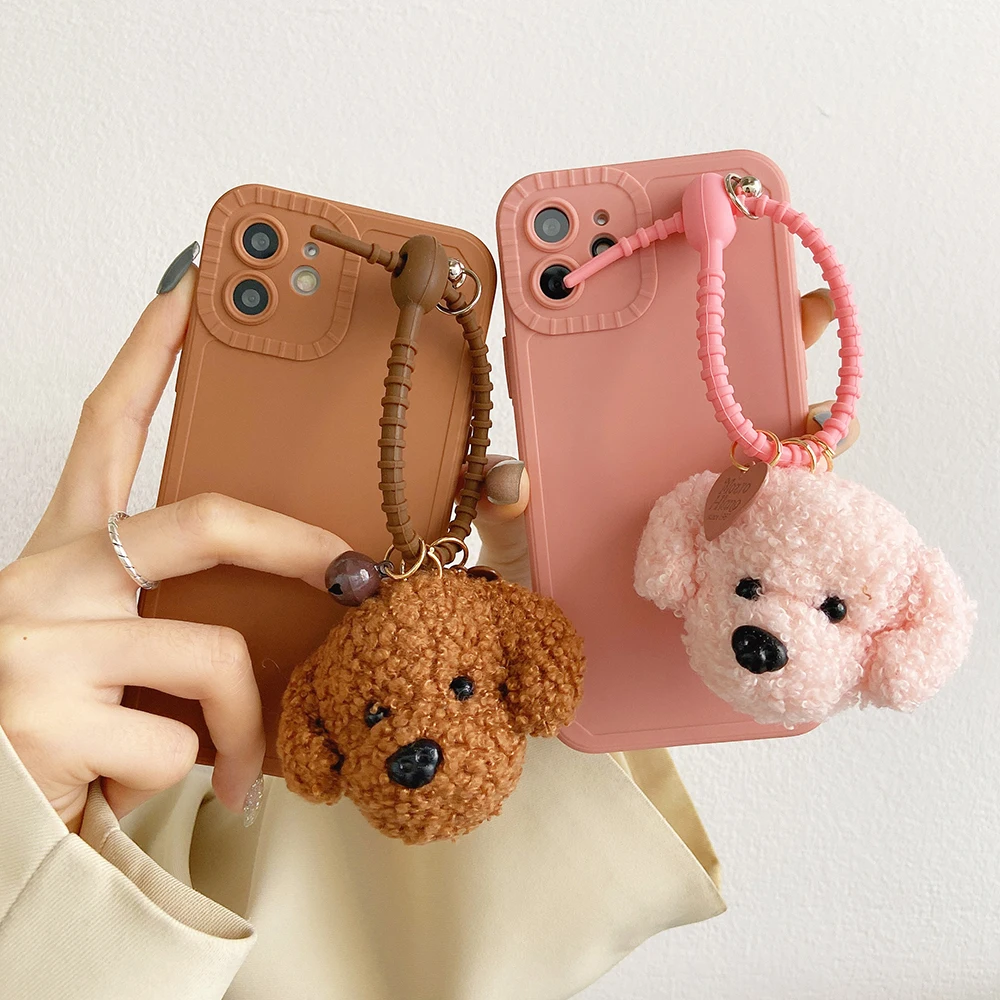 

Solid Color Puppy Pendant Doll Phone Cases For iPhone 13 12 11 Pro Max XR XS MAX 8 X 7 SE 2020 Lady Girl Anti-drop Soft Cover
