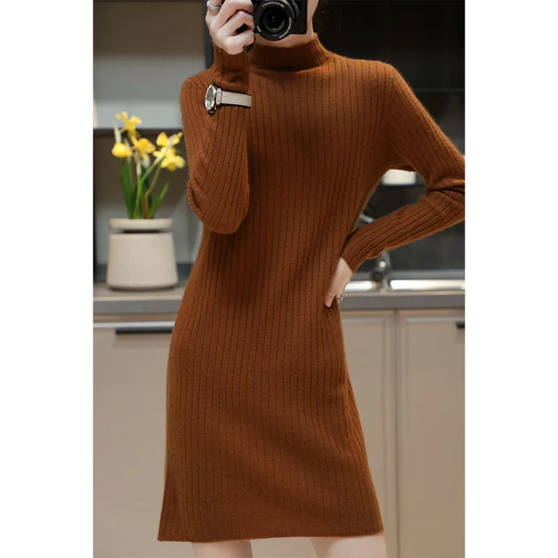 

High Collars Soft Women Sweaters 100% Wool Pullovers 2022 New Arrival Menca Sheep Autumn/Winter Knitted Female Long Dresses